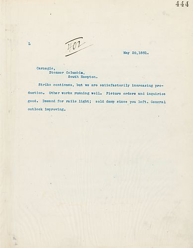 Frick wires Carnegie telling him that the strike continues, but other works are running well