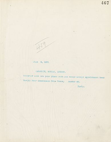 Frick wires Carnegie if he would accept governor's appointment as head of Worlds Fair Commission from Penna