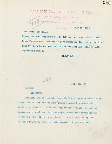 Frick wires Carnegie on the possibility of splitting bonds between [John T.] Terry and themselves. Also, states that the armor plant will be ready in ten days