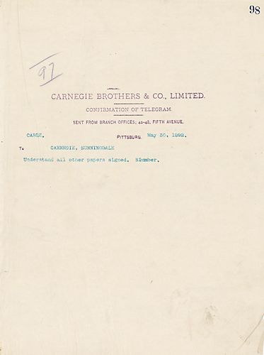 Frick wires Carnegie on the completion of signed papers