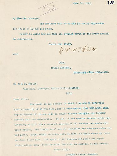 Frick wires Carnegie on asking Whitworths for price on 10,000 ton press