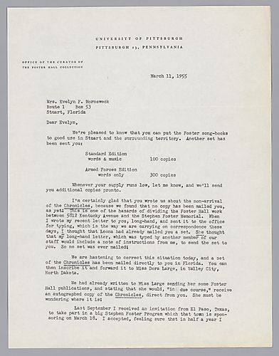 Letter from Fletcher Hodges, Jr., to Evelyn Morneweck