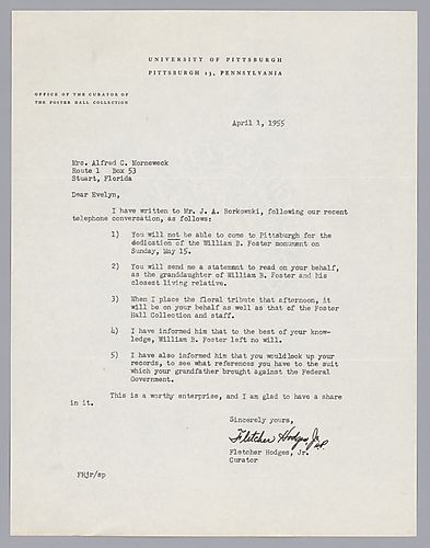Letter from Fletcher Hodges, Jr., to Evelyn Morneweck