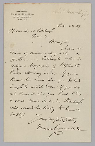 From Monroe Crannell to Postmaster at Pittsburgh