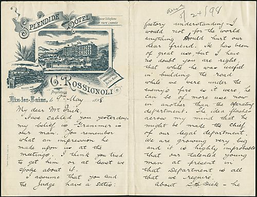 Writing from Aix-les-Bains, France, Carnegie informs Frick of his approval of working with Mr. Grammer. He also discusses placing Judge [Reed] in his company's legal department, the deception of D.B. Dick and asks about the Isabella furnace