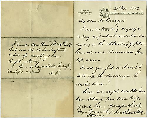 Writing from Northallerton, England, Mr. I. Lowthian Bell informs Carnegie of a new invention for coke ovens and asks Carnegie in his interest on the matter