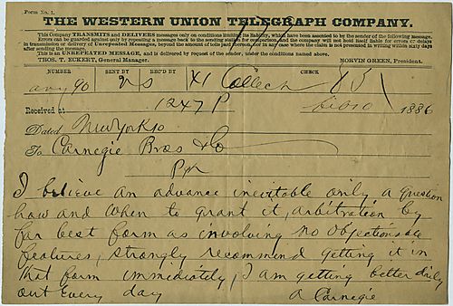 In a wire from New York, Carnegie suggests that the company go for an arbitration in a dispute and informs them his health is improving