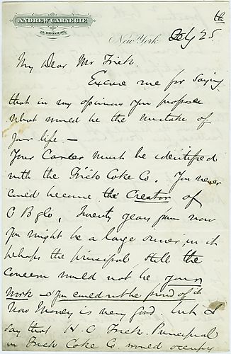 Writing from New York, Carnegie writes a harsh letter to Frick, advising him to invest in his own company and to not extend himself in Carnegie Brothers & Co