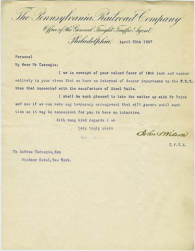 Writing from Philadelphia, Mr. Wilson of the Pennsylvania Railroad agrees to reduce rates and will discuss it with Frick to make a temporary arrangement