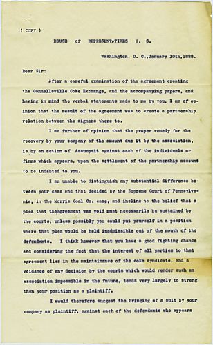 Writing from Washington D.C., John Dalzill gives advice in legal matters wth regards to the lawsuit against Col. Schoonmaker