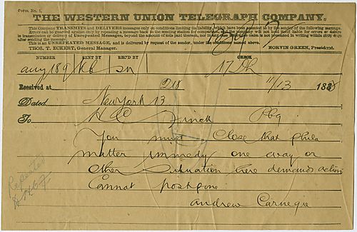 In a wire from New York, Carnegie demands that Frick close a deal in Philadelphia immediately due to another situation in New York