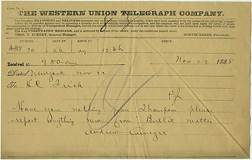 In a wire from New York, Carnegie asks if there is any information about a Mr. Thompson and the Bullit matter