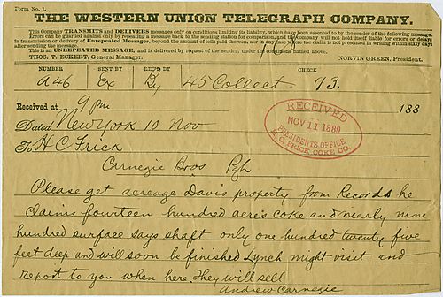 In a wire from New York, Carnegie asks Frick to look at the amount of acreage on the Davis property and tells Frick that a Mr. Lynch might visit and make a sale