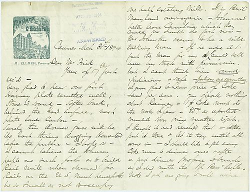 Writing from Cannes, France, Carnegie discusses producing armor, rail and other steel products in order to get profits to get ahead of competitors and recent financial matters. He also details his meeting with Henry Phipps and his health condition