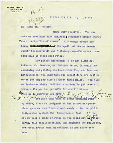 Writing from New York, Carnegie expresses his concern over the rates being charged on Pittsburgh compared to the competition by the Pennsylvania Railroad and discusses different alternatives