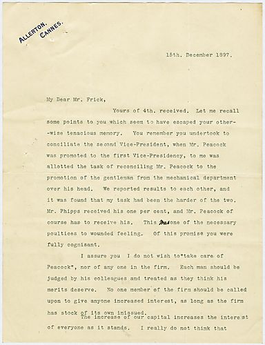 Writing from Cannes, France, Carnegie disagrees with Frick over the share of interest for one of their newly promoted partners, as well the shares of interest of other members in the company