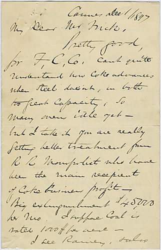 Writing from Cannes, France, Carnegie discusses coke ovens, a possible railway connection to their mines and trunk lines and asks what he thinks of investing in a British company. He mentions his recent trip and Frick's daughter, Helen
