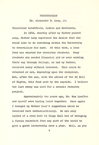 Dedication Ceremonies, Alexander Lowy Memorial Seminar Room, Clapp Hall, University of Pittsburgh