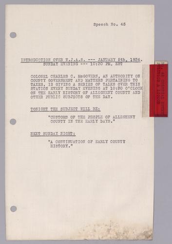 #45: Customs of the People of Allegheny County in the Early Days