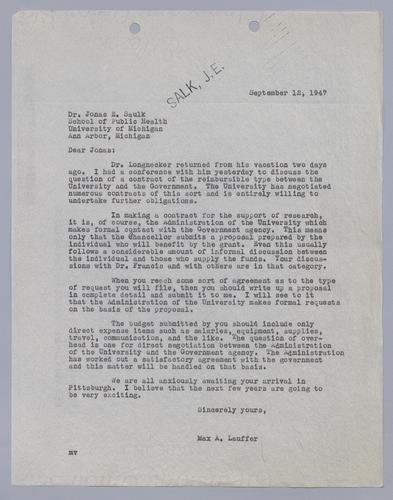 Max Lauffer to Jonas Salk