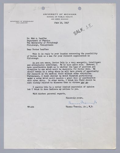 Thomas Francis to Max Lauffer