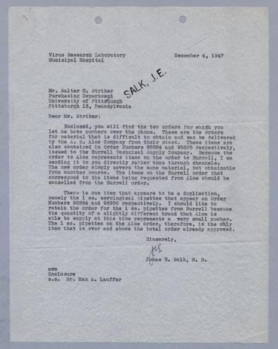 Jonas Salk to Walter H. Striker