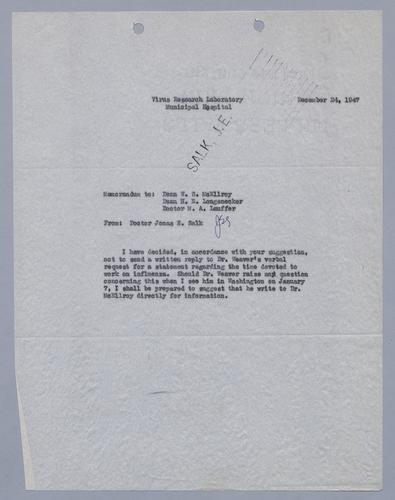 Jonas Salk to W.S. McEllroy, H.E. Longenecker, and Max Lauffer