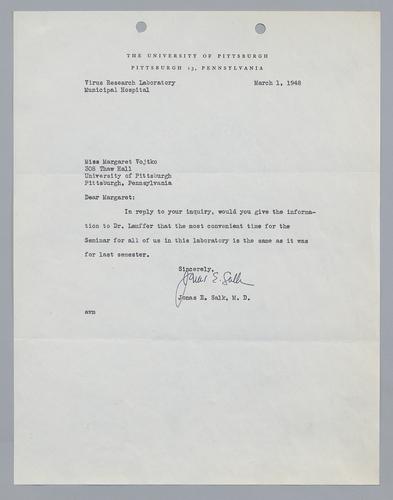Jonas Salk to Margaret Vojtko