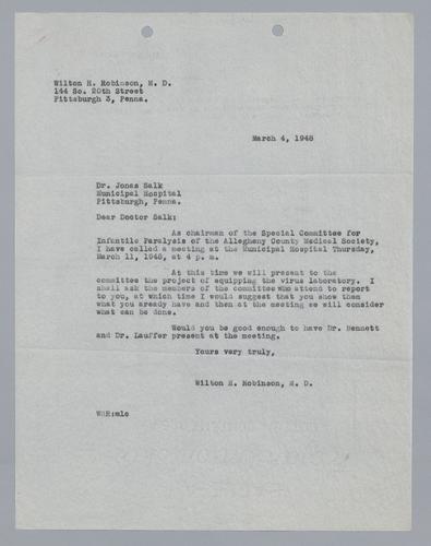 Wilton H. Robinson to Jonas Salk
