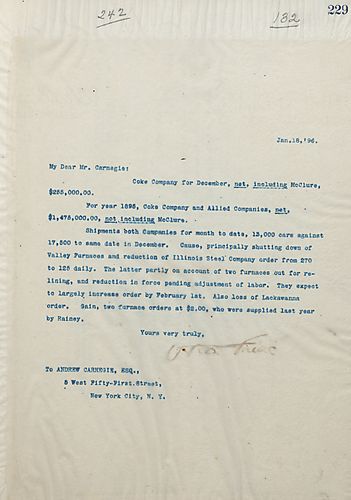 Frick writes Carnegie a summary of the earnings for 1895 and explains why the amounts are thus and what future plans are in place to increase profit