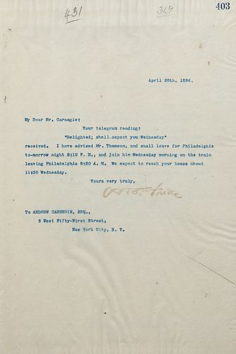 Frick writes on Mr. Thomson and him meeting Carnegie in Philadelphia