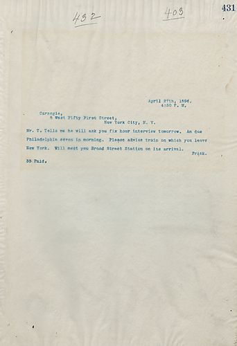 Frick writes on Mr. T. asking Carnegie for a fix hour interview tomorrow, and Frick will be in Philadelpha tomorrow