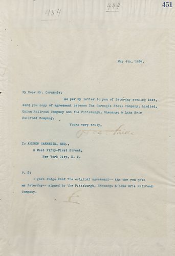 Frick sends Carnegie a copy of the agreement between Carnegie Steel Co., Ltd., Union Railroad Co., and the Pittsburgh, Shenango, & Lake Erie Railroad Co.