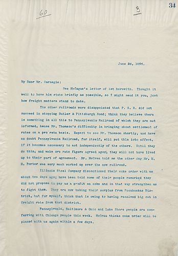 Frick writes on railroads being disappointed that P.R.R. did not succeed in stopping Butler & Pittsburgh Road. Also, Illinois Steel Co. canceled their coke order, and the coke orders have been disappointing