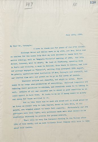 Frick writes on his upcoming vacation, the depressing business outlook, the contract for building Butler & Pittsburgh being awarded to McDonald, and calling on Mr. Lockhart