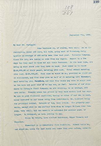 Frick writes Carnegie to discuss future business plans, the possible election of McKinley, and the slow pace of business