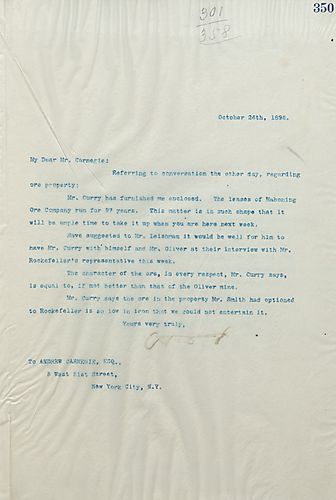 Frick writes on the lease of Mahoning Ore Co., and he thinks Mr. [John] Leishman, Mr. [Henry] Curry, and Mr. [Henry] Oliver should meet with Mr. Rockefeller's representative this week