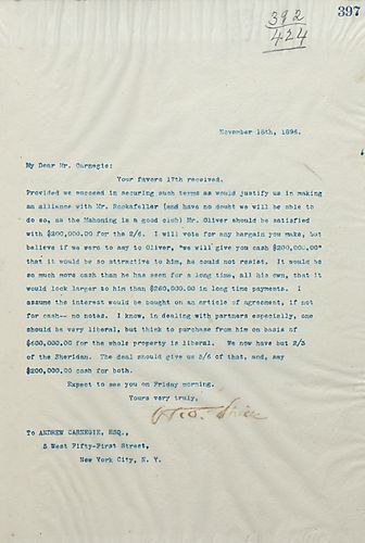 Frick writes Carnegie about a possible alliance with Rockefeller