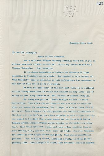 Frick writes Carnegie about the possibility to lease half of the Norrie mine which, with the agreement that was signed with Rockefeller, would provide more than enough ore for Frick and Carnegie