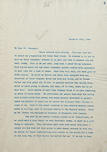 Frick writes Carnegie to discuss a discourse between himself and Gates over the downfall of the Illinois Steel Company and the possibility of leasing the company