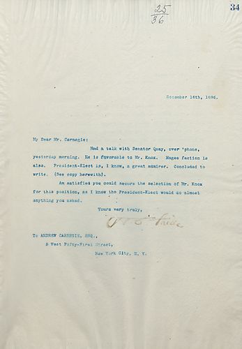 Frick writes on selecting Mr. [Philander] Knox for the position because the President Elect would grant any favor of Carnegie's