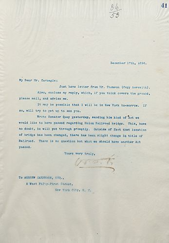 Frick writes on sending Senator [Matthew] Quay an Act that they would like to have passed regarding the Union Railroad bridge