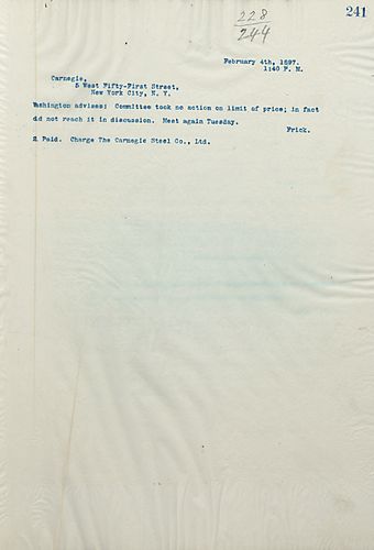 Frick wires Carnegie that the Committee didn't discuss price limits