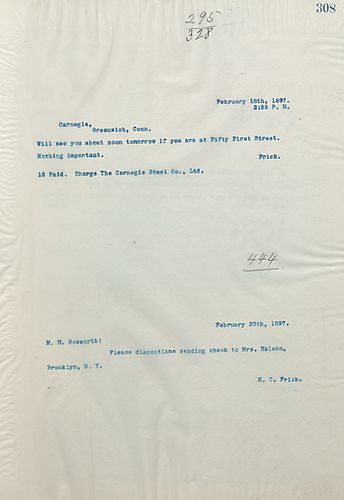 Frick wires Carnegie telling him that he'll see him around noon tomorrow at 51st St