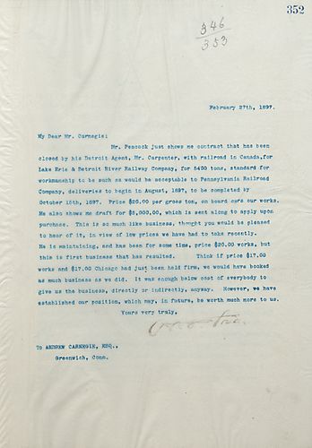 Frick writes that Mr. [Alexander] Peacock showed him a contract on a railroad in Canada for Lake Erie & Detroit River Railway Co. for 5400 tons