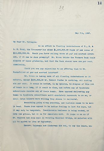 Frick asks Carnegie if he would favor selling bonds of P., B. & L.E. Road at par and accrued interest. Frick also comments on business running smoothly and on Messrs. [John] Leishman and [Robert] Linderman not accomplishing much abroad