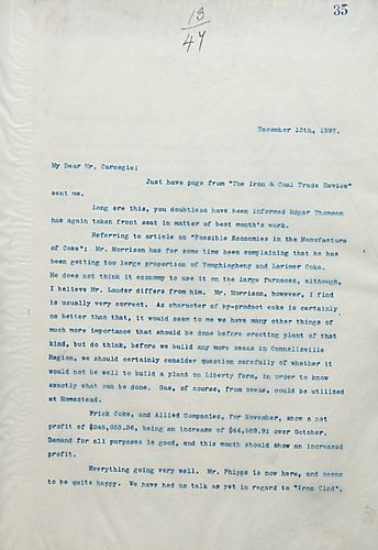 Frick writes on Mr. Morrison complaining that he has been getting too large of a proportion of Youghiogheny and Lartmer Coke. Frick includes the net profit for Frick Coke and Allied Companies for November and hopes he can convince Mr. Phipps to sign the "