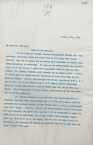 Frick writes Carnegie to discuss favorable railroad costs and the steps that need to be taken to avoid any labor issues, this was prompted by the superintendent of Duquesne informing Frick he heard disgruntled talks from men who were overworked from the i