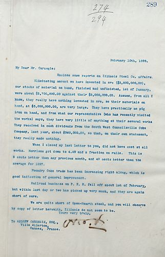 Frick writes on them having more stock of material on hand than the Illinois Steel Co., the Foundry Coke trade increasing, and railroad business on the P.R.R. falling off