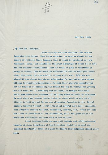 Frick writes on his interview with [John W.] Gates, who thinks they should be the owners of Illinois Steel Co., the poor showing of the Sales Department, and encloses a memorandum on reduction of indebtedness
